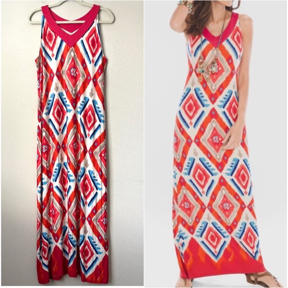 Chico's NEW Ikat Maxi Dress Multicolor Sleeveless V-Neckline Soft Stretchy Knit - Picture 1 of 14